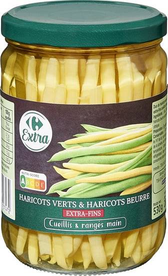 Haricots verts et beurre extra-fins CARREFOUR EXTRA - le bocal de 280g net égoutté
