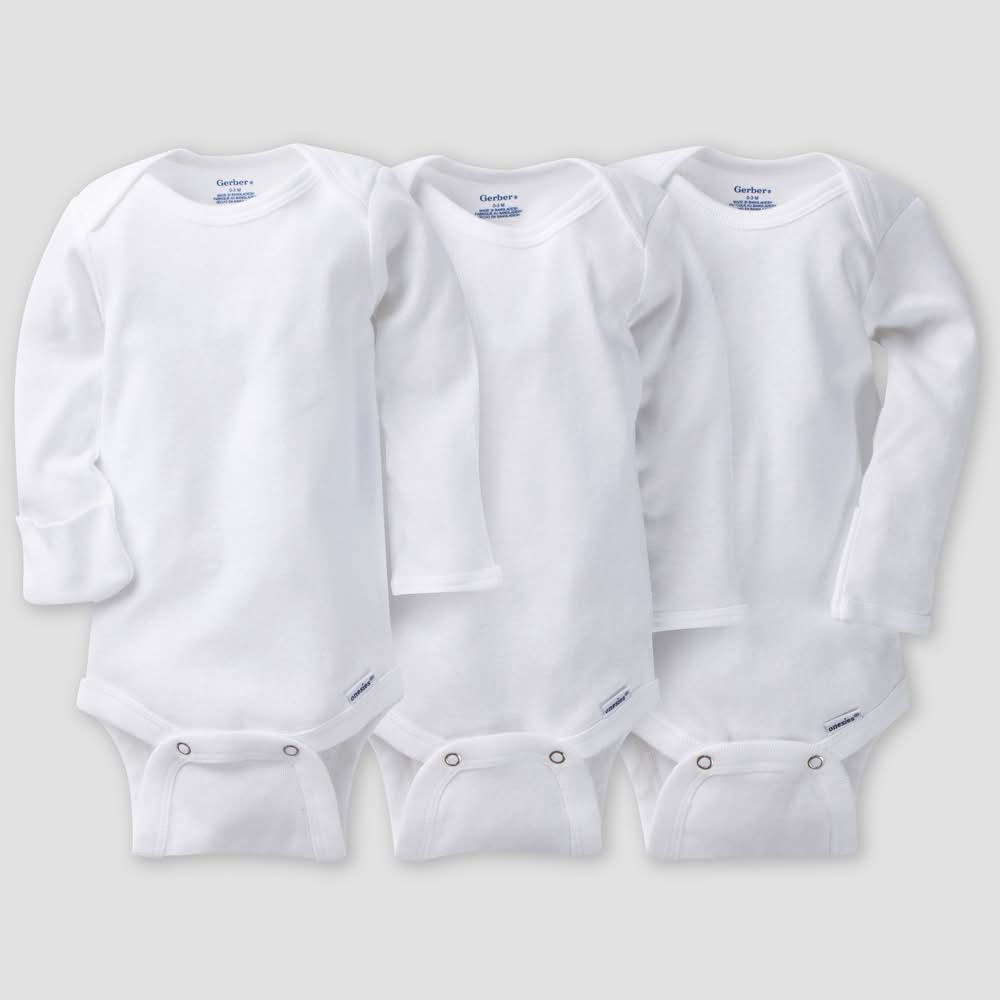 Gerber Baby Long Sleeve Bodysuit, 18 M, White (3 ct)
