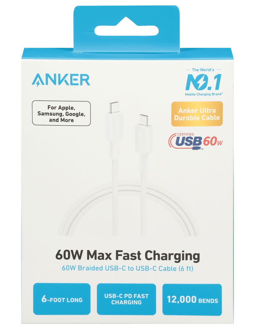 Anker Usb-C To Usb-C 60w Braided Charging Cable, 6 Feet, White