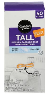 Signature Select Tall Kitchen Garbage Bags With Drawstring 13 Gal, Fresh (40 ct)