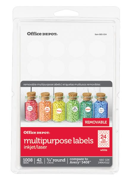 Office Depot® Brand Removable Inkjet/Laser Multipurpose Round Labels, OD98791, 3/4" Diameter, White, Pack Of 1,008