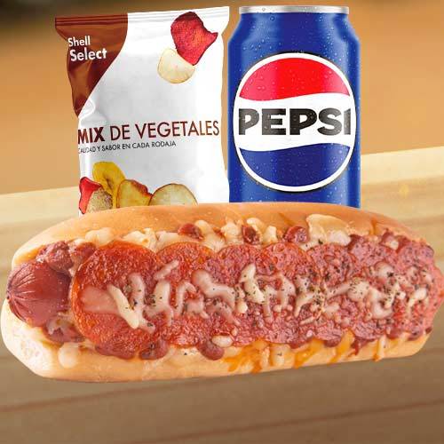 Combo Pepperoni Pizza Dog  +  Pepsi Lata +  Mix Vegetales Shell Select 60g