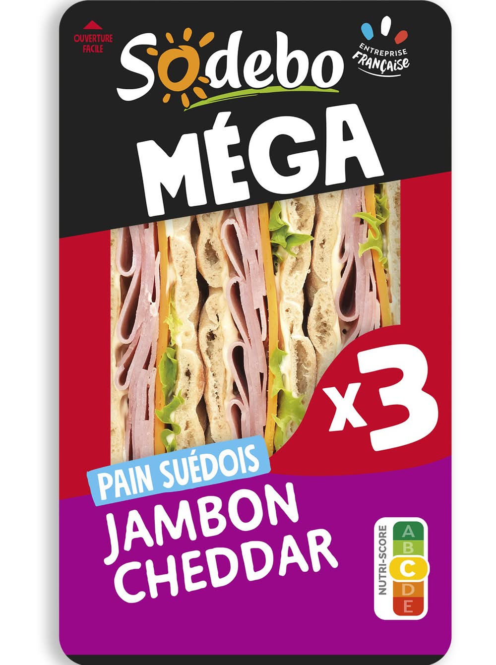 Sodebo - Sandwichs mega club pain suédois, jambon cheddar (3)