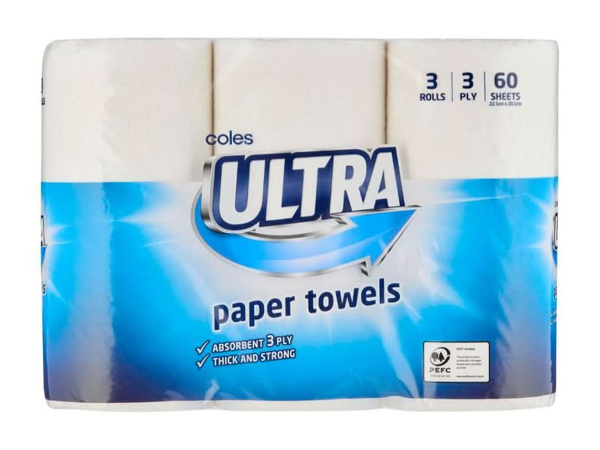 Coles Ultra 3 Ply Paper Towels, White (3 pack)