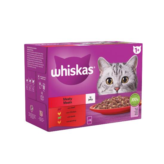 Whiskas 1+ Meaty Meals Adult Wet Cat Food Pouches in Jelly (85 pack)