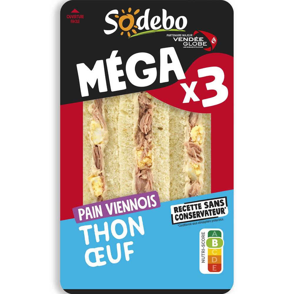 Sandwichs club pain viennois thon œuf SODEBO - 3 clubs triangles - 230 g