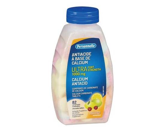 Personelle · Antiacide à base de calcium à saveur de fruits assortis (82 un - comprimés) - Antacid ultra strength chewable tablets 1000 mg (82 units)