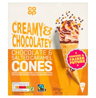 Co-op Fairtrade 4 Chocolate & Honeycomb Swirl Top Waffle Cones 4 x 140ml (560ml)