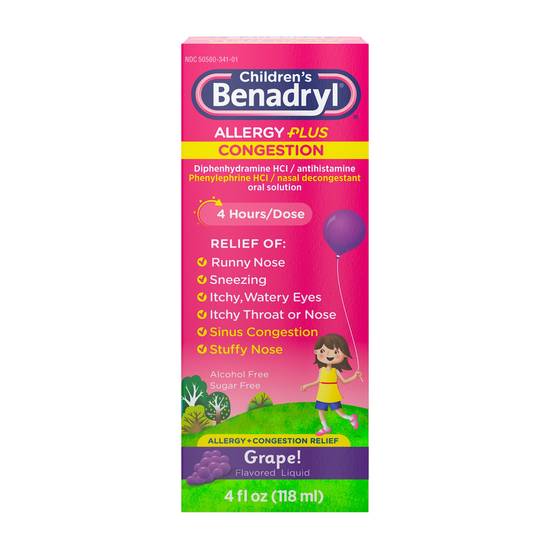 Children`s Benadryl Allergy Plus Congestion Liquid, Grape, 4 fl. oz