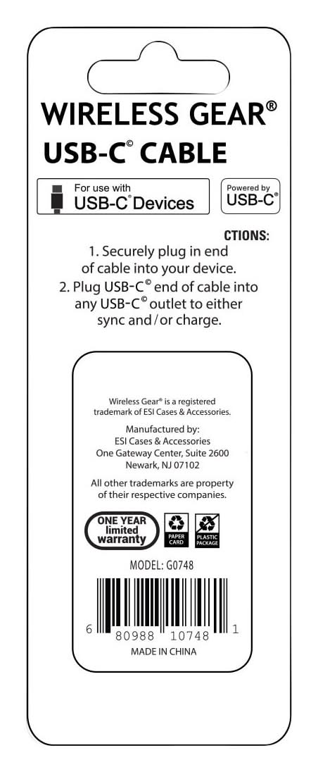 Wireless Gear Usb-C Sync & Charge Cable, 6 ft, Black