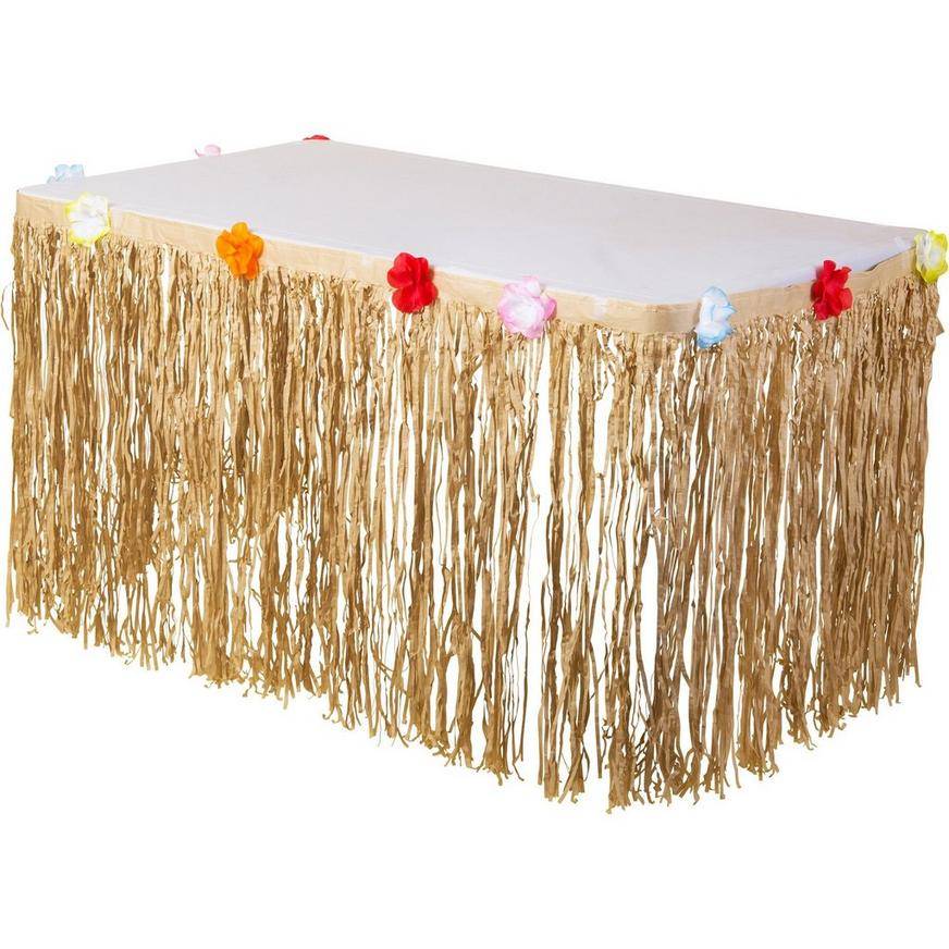 Party City Tan Faux Grass Tissue Paper Fringe Table Skirt With Fabric Flowers (10ft x 29in/multi)