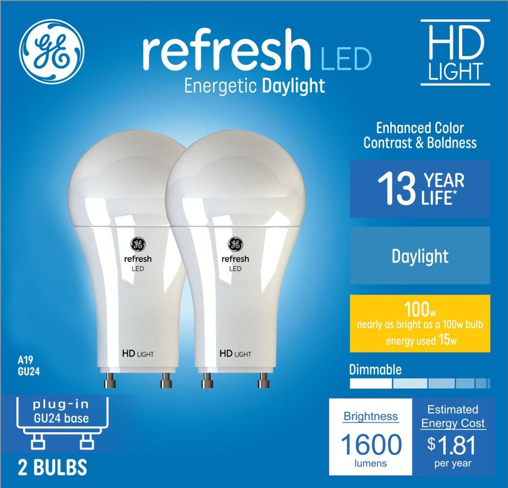 GE Refresh HD 100 -Watt EQ A19 Daylight GU24 pin base Dimmable LED General purpose Light Bulb 2 -Pack | 93121714