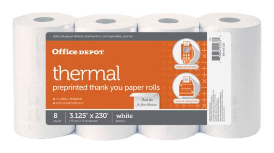 Office Depot® Brand Thermal Preprinted "Thank You" Paper Rolls, 3-1/8" x 230', White, Pack Of 8