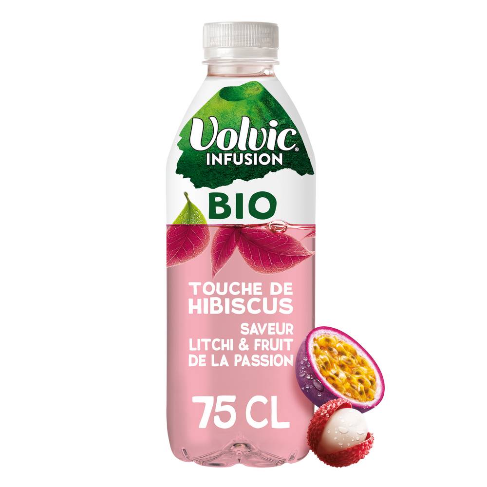 Volvic Infusion Bio - Boisson aromatisée l'eau minérale naturelle à l'infusion d'hibiscus (750 ml) (litchi - fruit de la passon)