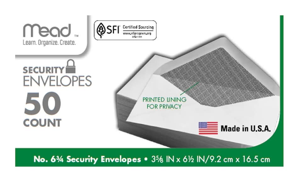 Mead Security Envelopes, 3.625x6.5 in, White (50 ct)