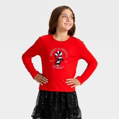 Cat & Jack Girls' Long Sleeve Christmas 'Candy Cane' Flip Sequin T-Shirt, M, Red