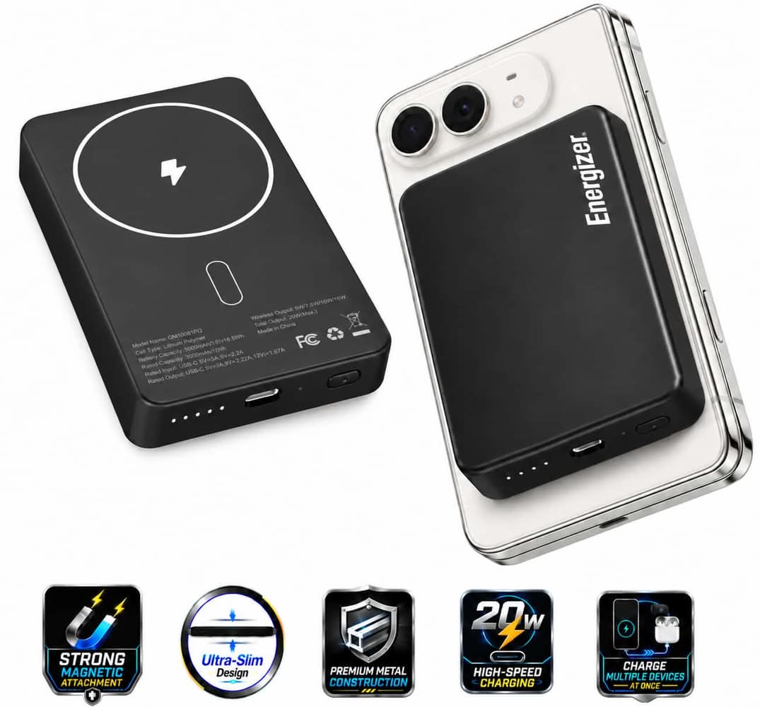 Energizer - 10,000mAh SLIM METAL 20W Magnetic Wireless Qi/Qi2.0/MagSafe PowerBank, Portable Charger, 2 Outputs, LED Display, & USB-C - Black