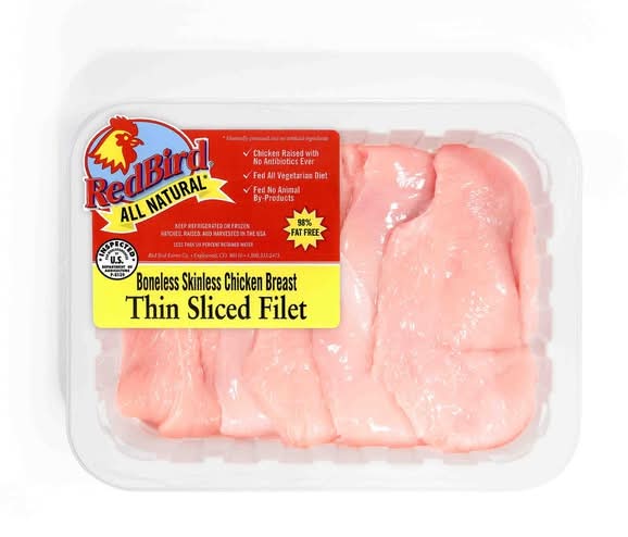 Red Bird Bonelesss, Skinless Chicken Breast, Thin Sliced Filet