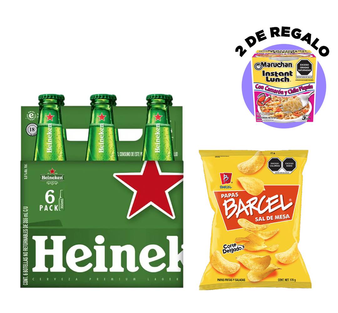 Combo Heineken Cerveza Original Botella Six Pack 355 ml - Barcel Papas Sal 170 gr + Regalo 2 Maruchan