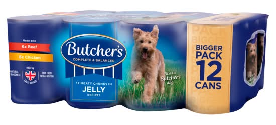 Butcher's Beef-Chicken, Adult, Complete & Balanced Meaty Chunks in Jelly Recipes Dog Food Bigger pack (12 x 400g)
