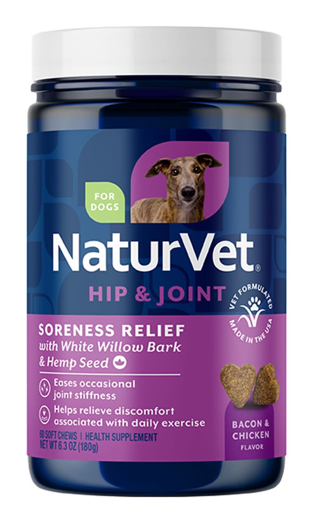 NaturVet Dog Hemp Aches and Discomfort Soft Chews, Hip & Joint Supplement, Bacon & Chicken, 60 Count (Size: 60 Count)