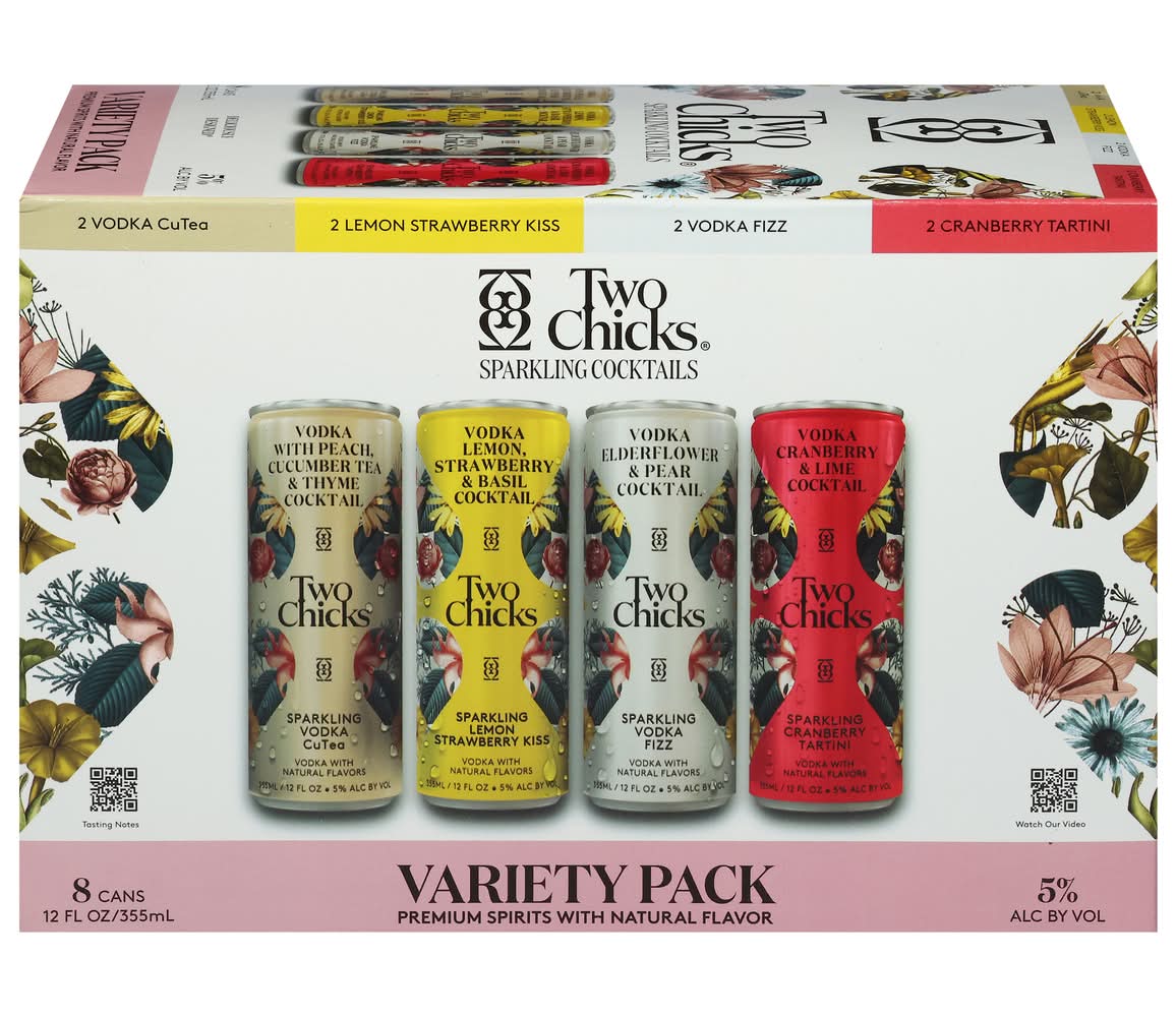 Two Chicks Sparkling Cocktails Variety pack, Cutea-Lemon Strawberry Kiss-Fizz-Cranberry Tartini (8 x 12 fl oz)