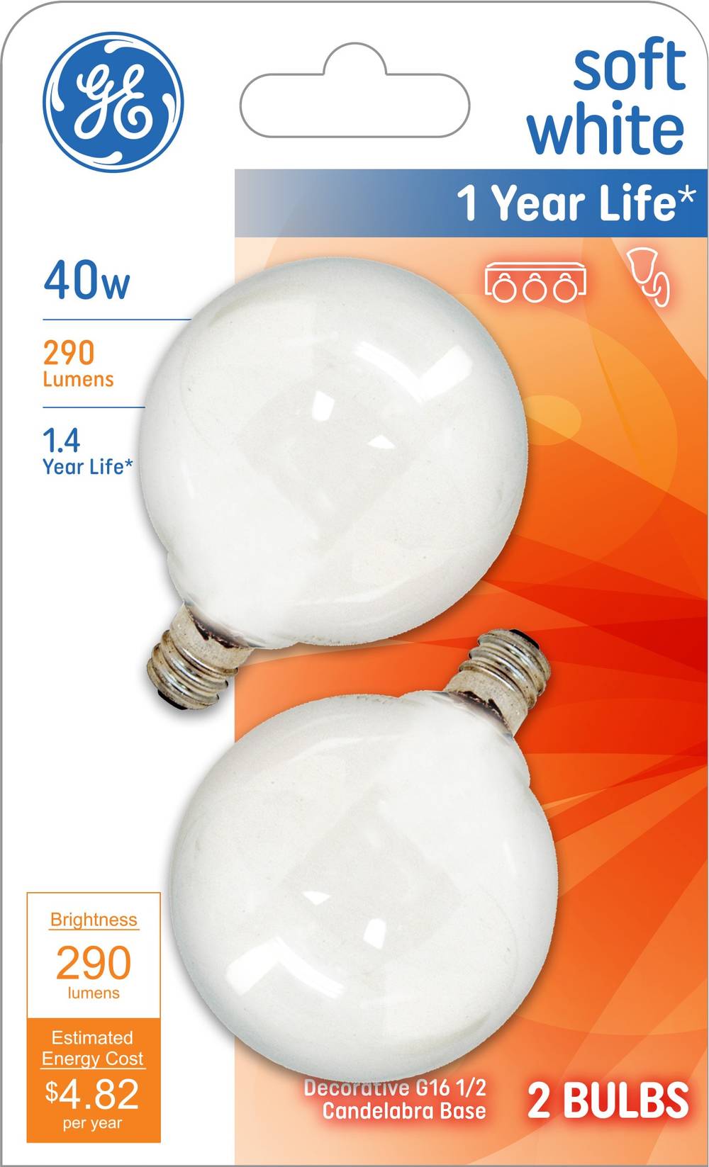 GE Classic 40-Watt EQ G16.5 Soft White Candelabra Base (e-12) Dimmable Incandescent Decorative Light Bulb (2-Pack) | 93130719