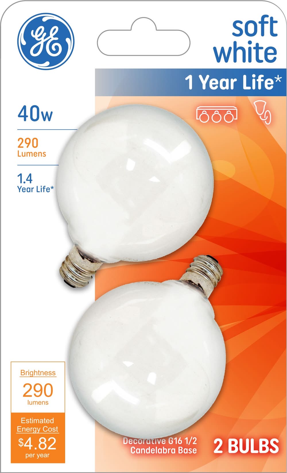 General Electric Classic 40 -Watt EQ G16.5 Soft white Candelabra screw base Dimmable Incandescent Decorative Light Bulb 2 -Pack