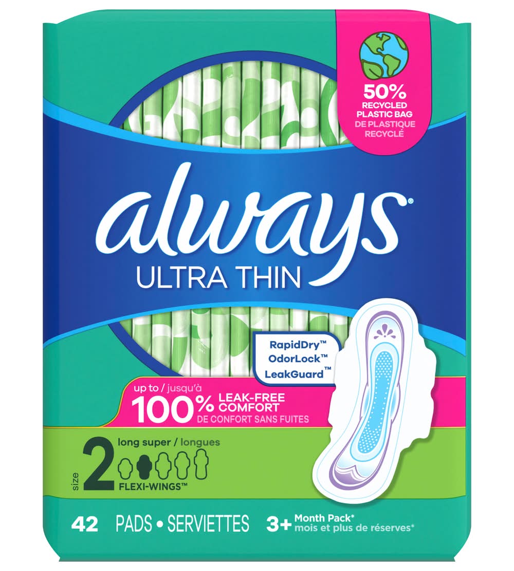 Always Ultra Thin Rapid Dry Long Super Pads With Wings, Women, Stage 2 (42 ct)