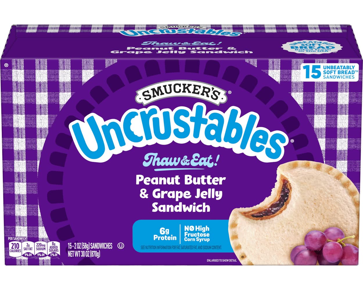 Smucker's Uncrustables Thaw & Eat Soft Bread Sandwiches, Peanut Butter & Grape Jelly (15 x 2 oz)