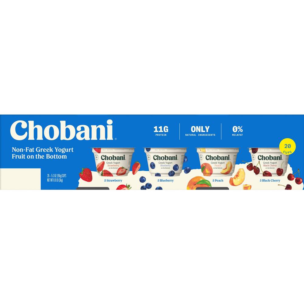 Chobani Fruit on the Bottom Non-Fat Greek Yogurt, Strawberry-Blueberry-Peach-Black Cherry (6.62 oz, 20 ct)