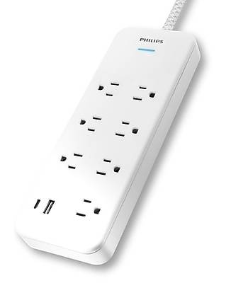 Philips Adapter Spaced 7-Outlet Surge Protector with USB Charging, 1500J, 6 ft. Braided Cord, White (SPP3983W/37-T1)
