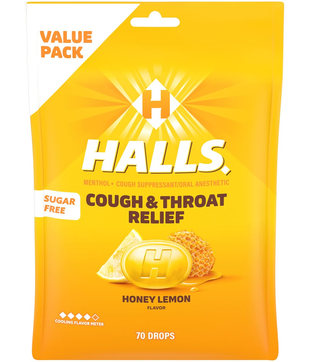 Halls Cough & Throat Relief Drops Value pack, Honey Lemon (7.66 oz)