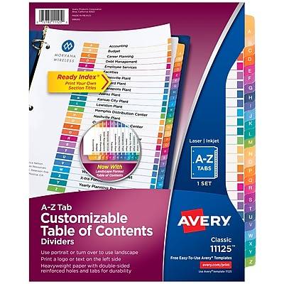 Avery Ready Index A-Z Tab With Customizable Table Of Contents Binder Dividers, 8-1/2" X 11", 26 Tab, Multicolor