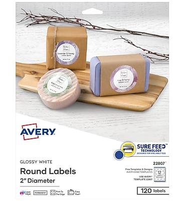 Avery Easy Peel Laser/Inkjet Round Labels, 2 Dia, Glossy White, 120 Labels/Pack (22807)