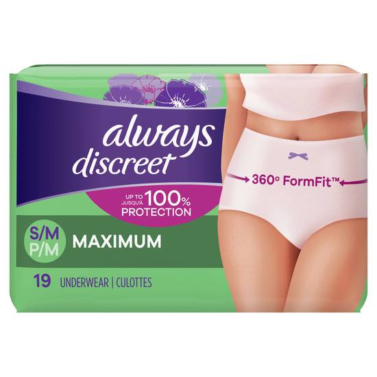 Always Discreet, Incontinence Underwear for Women, Maximum, Small / Medium, 19 Count