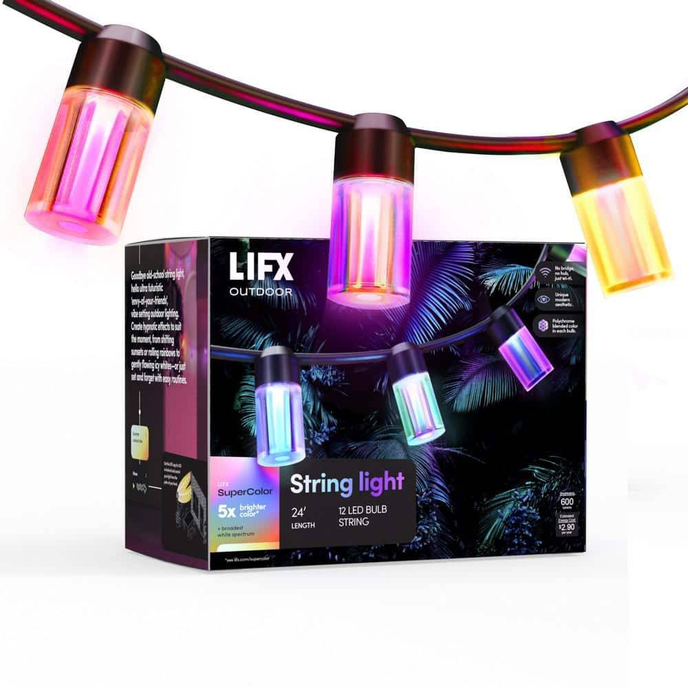 Lifx 12-Light 24 Ft. Outdoor Plug-In Rgb Integrated Led Smart Wi-Fi String Light, Works With Alexa/Hey Google/Homekit/Siri