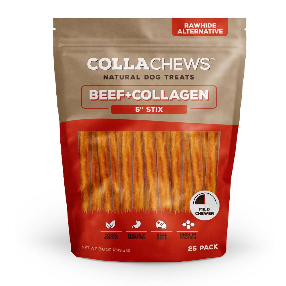 CollaChews Collagen Rawhide Free Stix Dog Treat, Beef, 5 Inch (8.8 oz, 25 ct)