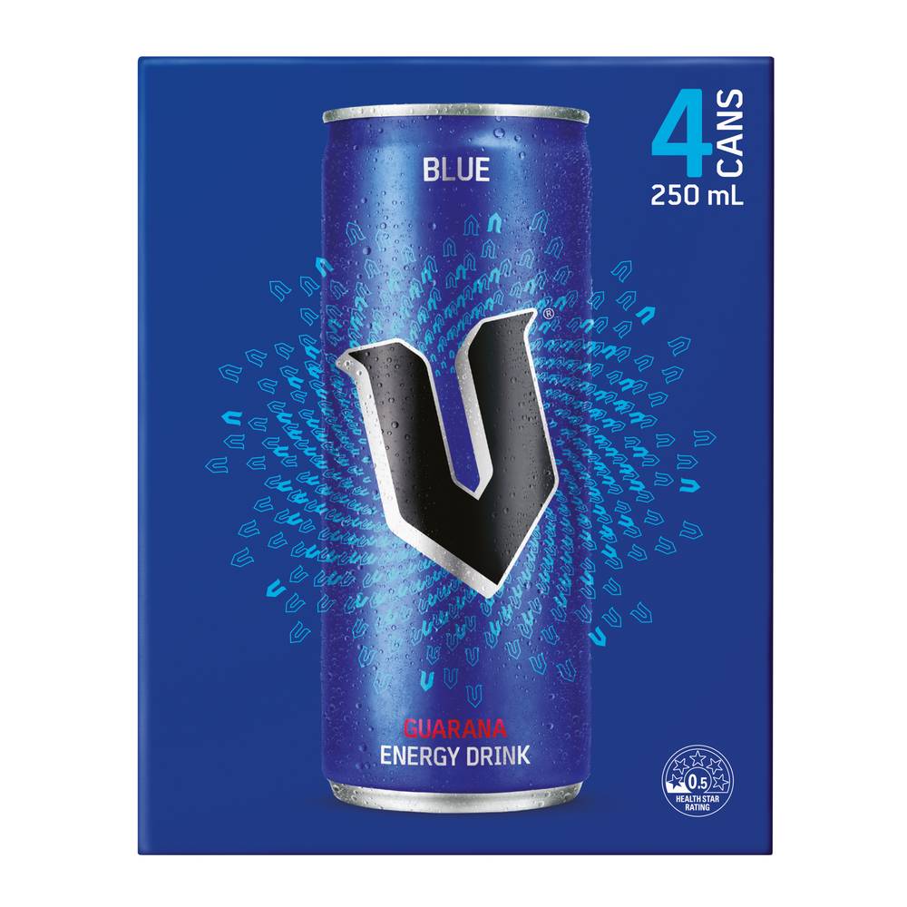 V Blue Energy Drink, Guarana (4 x 250mL)