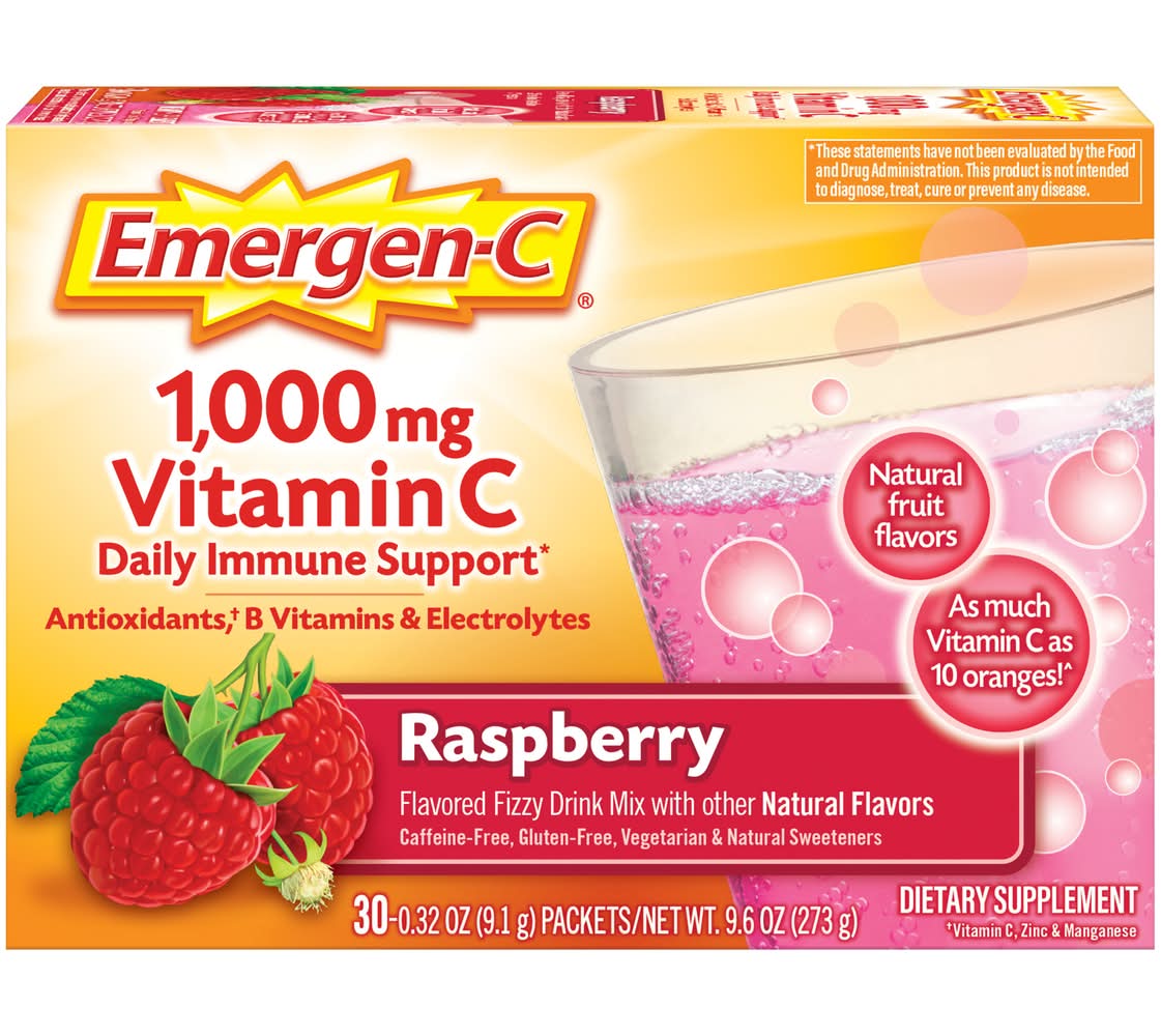 Emergen-C Vitamin C 1000mg Fizzy Drink Mix, Raspberry (0.32 oz, 30 ct)