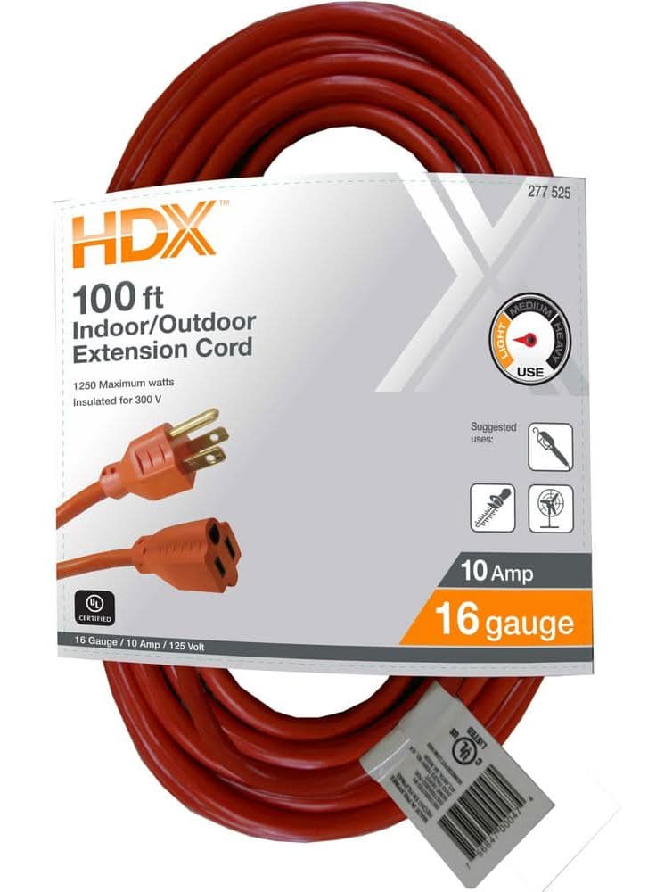 Hdx 100 Ft. 16/3 Light Duty Indoor/Outdoor Extension Cord, Orange