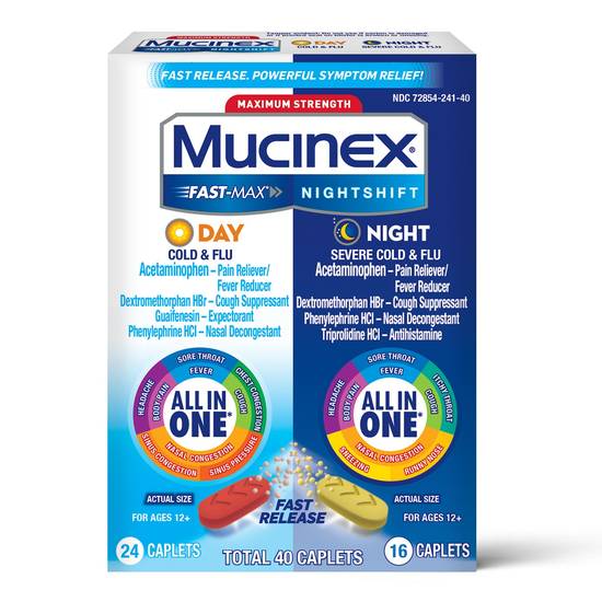 Mucinex Fast-Max Maximum Strength Daytime & Nighttime Severe Cold & Flu All In One, Fast Release, 40 CT