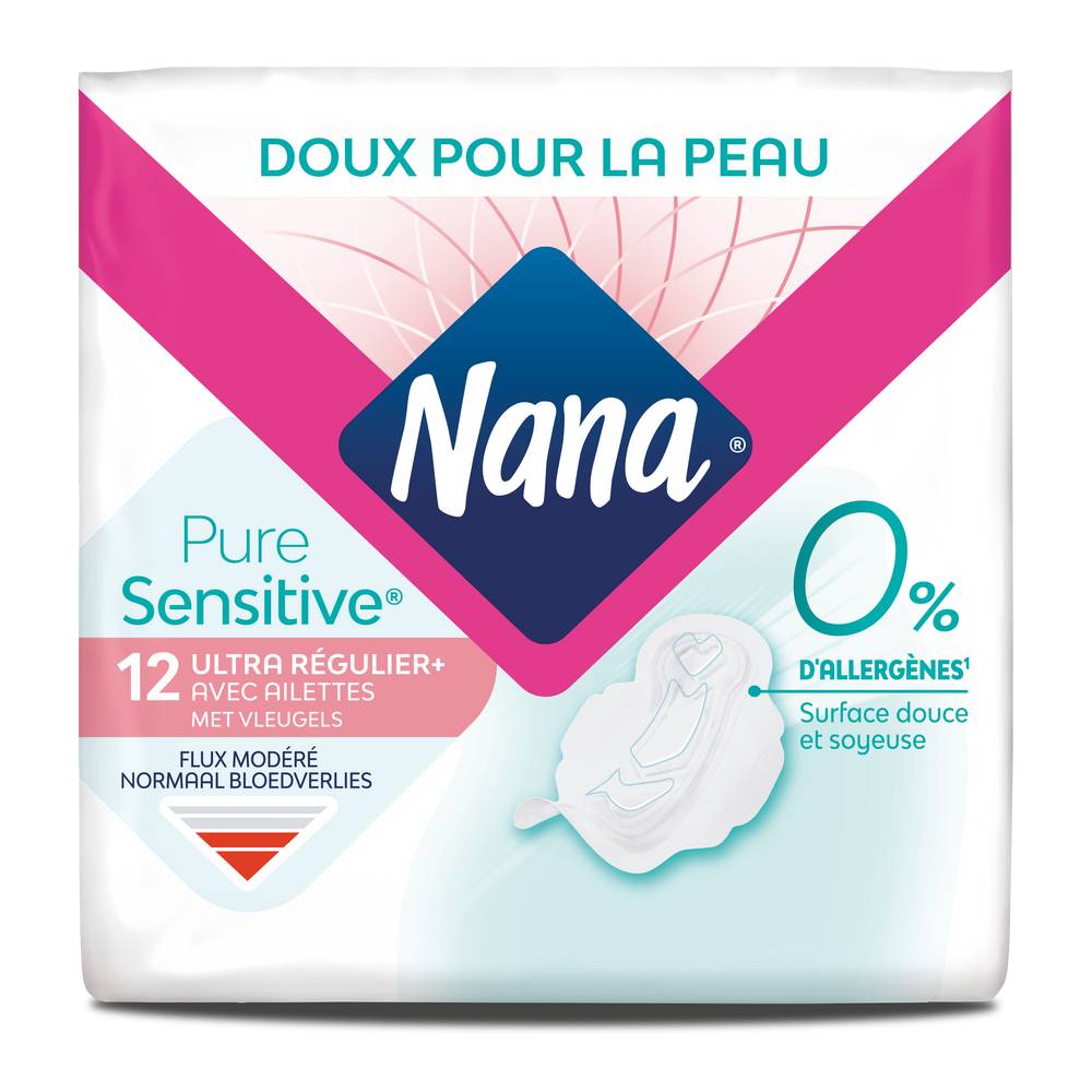 Nana - Serviettes hygiéniques pure sensitive ultra régulier plus avec ailettes, 12 pcs