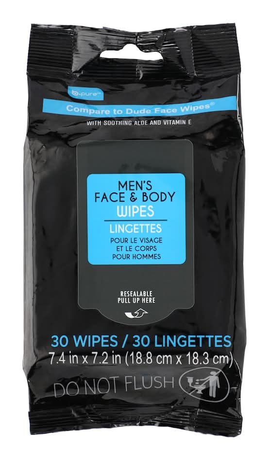 B Pure Face & Body Wipes With Soothing Aloe, 7.4x7.2 in (30 ct)
