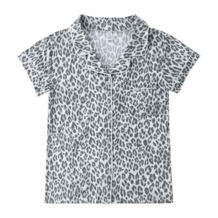 Short-Sleeve Button-Up Pajama Top Large Gray Multi