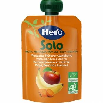 Bolsita de manzana, plátano y zanahoria ecológico Hero Solo sin gluten 100 g.