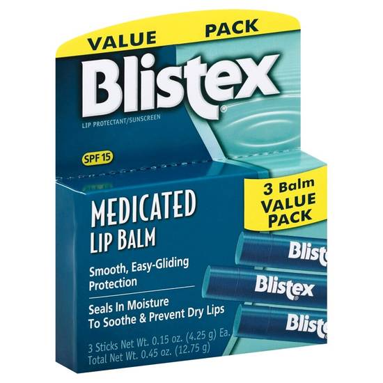 BLISTEX Medicated Balm 3 Pk; Seals in moisture to soothe and prevent dry lips, SPF 15