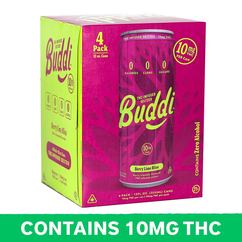 Buddi Infused Seltzer 10mg Delta 9, Berry-Limeade (4 x 12 fl oz)