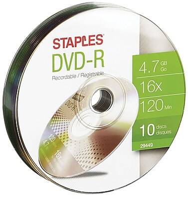 Staples 4.7GB 16X DVD-R Wrap, 10/Pack (29449)