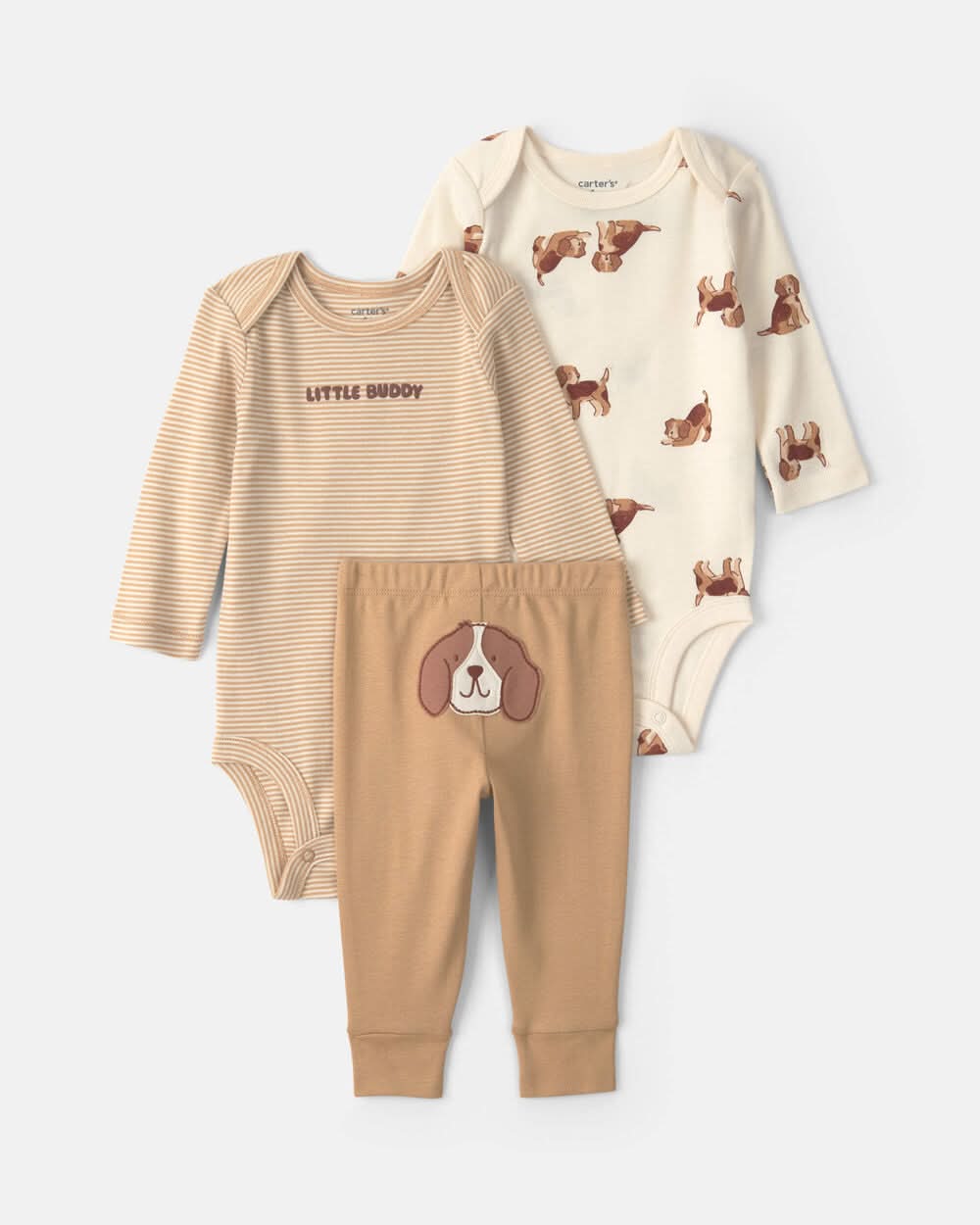 Baby Boy 3-Piece Dog Long-Sleeve Bodysuit & Pant Set - Brown/Cream - 18M